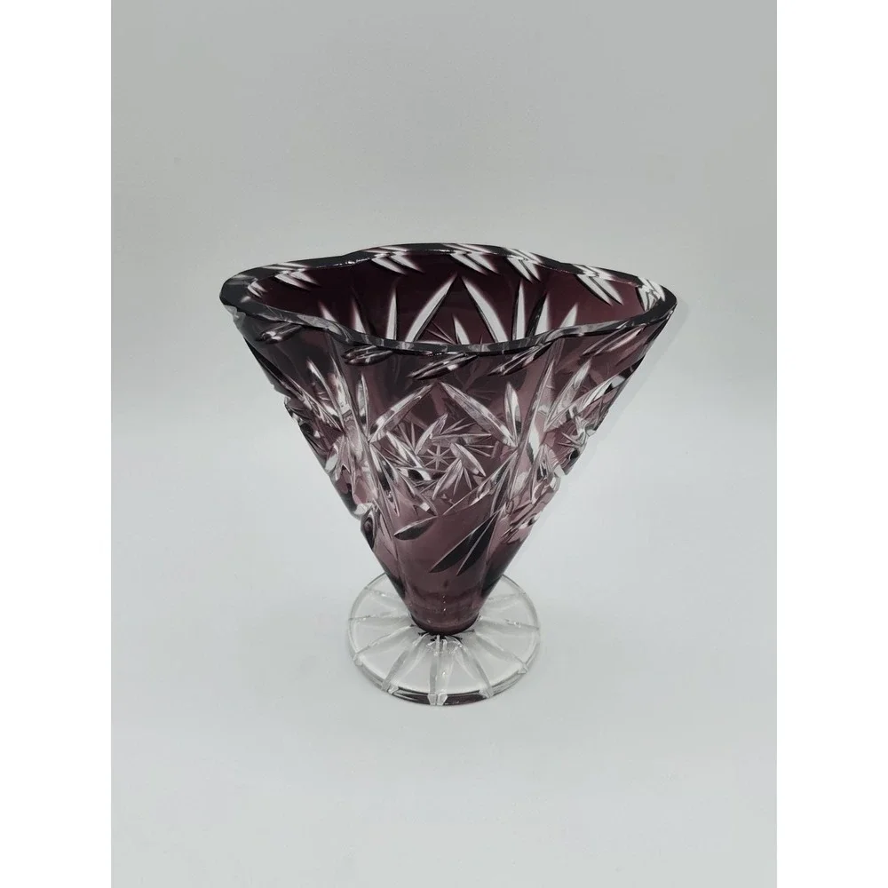 Amethyst Cut‎ to Clear Crystal Bohemian Czech Starburst Cut Footed Vase